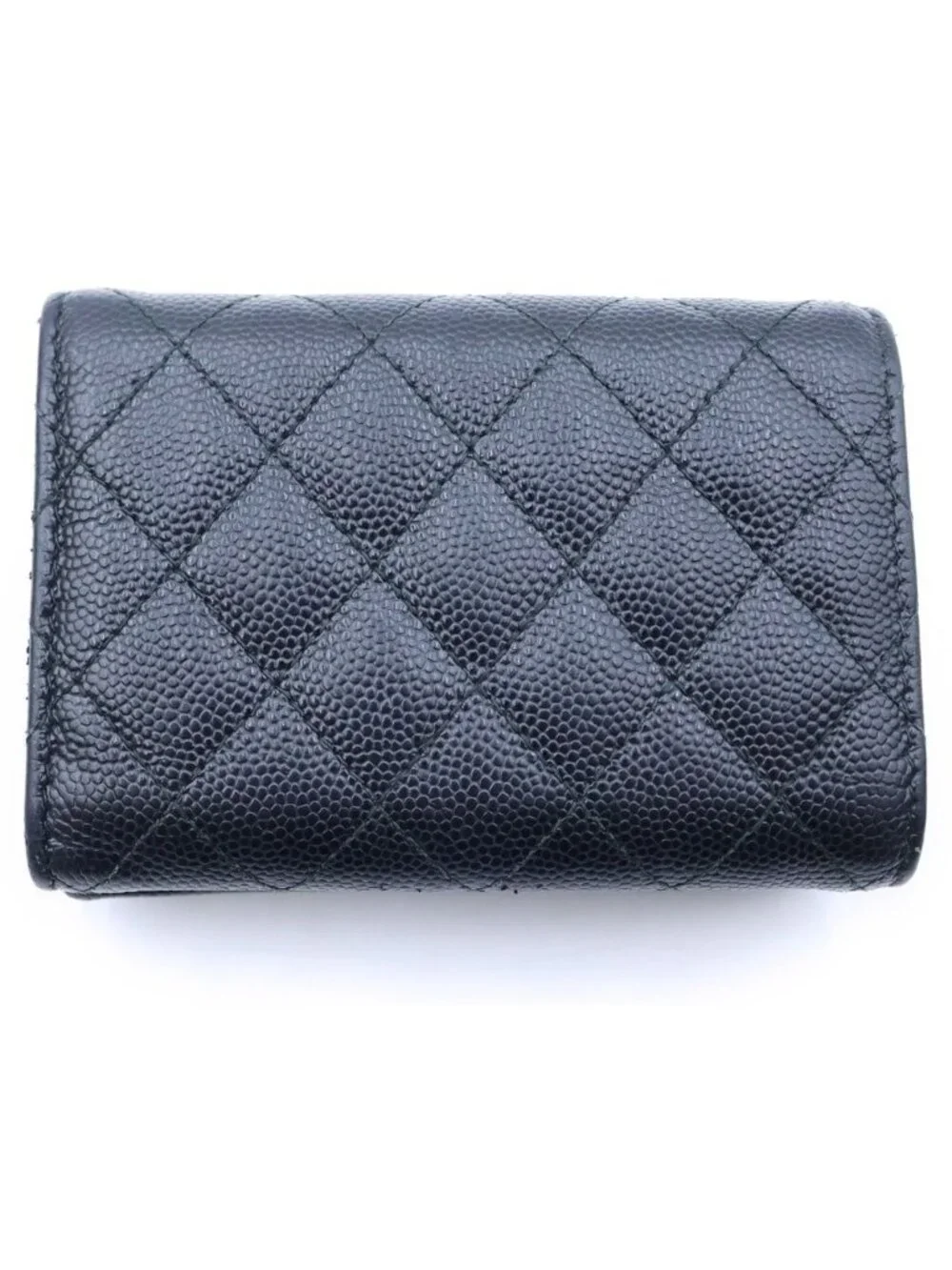 Chanel Boy Trifold Wallet Compact Coin Purse Black Caviar Leather Silver